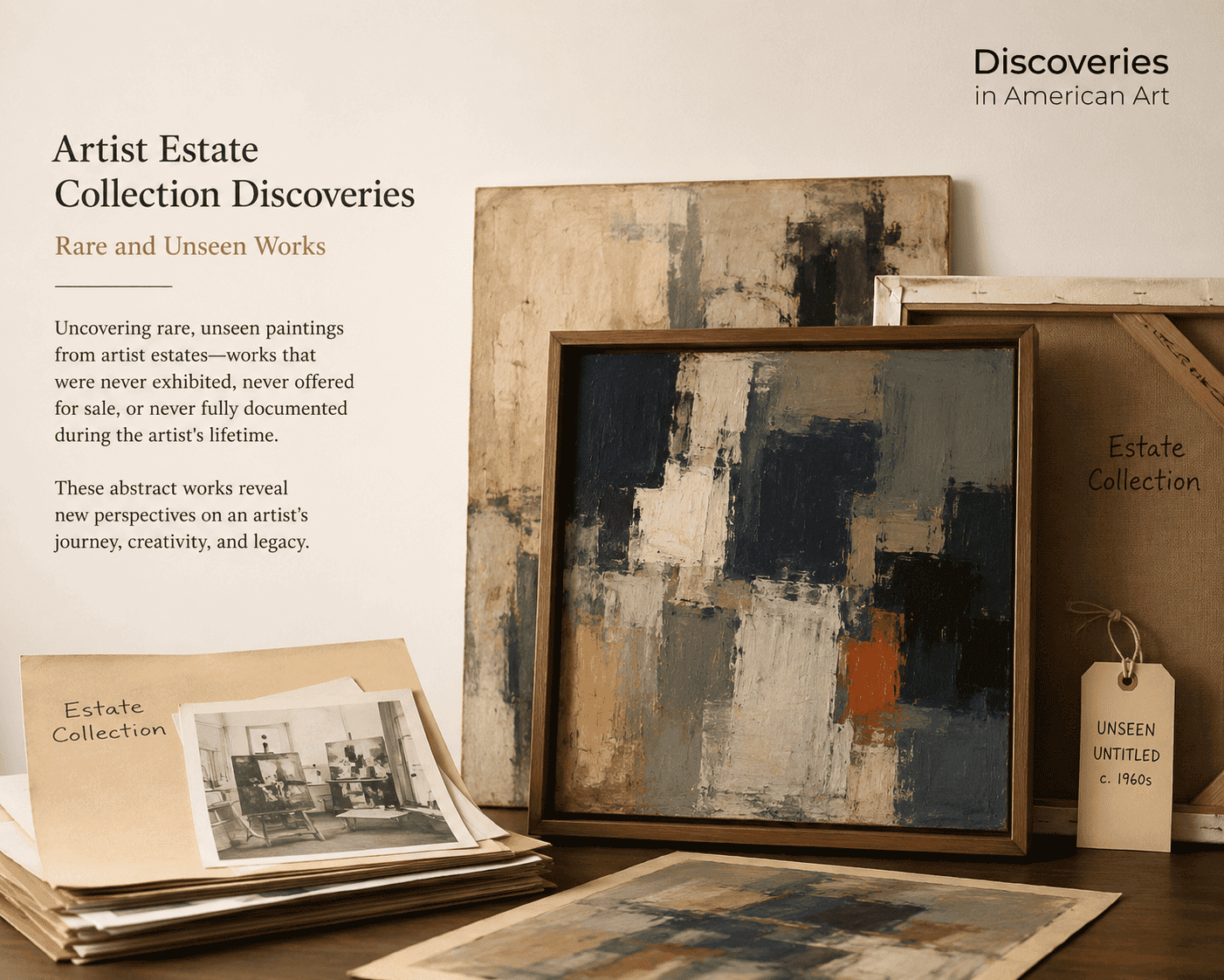 Gallery-style display of rare abstract paintings from an artist estate collection, featuring archival materials, the Artist Estate Collection Discoveries headline, and the Discoveries in American Art logo. 