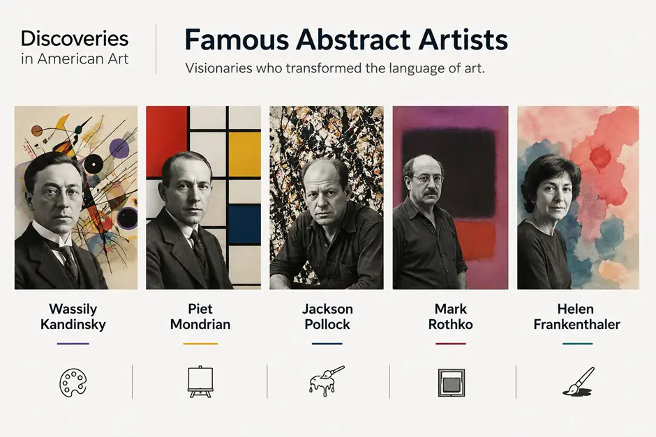 Famous abstract artists Wassily Kandinsky, Piet Mondrian, Jackson Pollock, Mark Rothko, and Helen Frankenthaler, with abstract artwork backgrounds and the Discoveries in American Art logo.