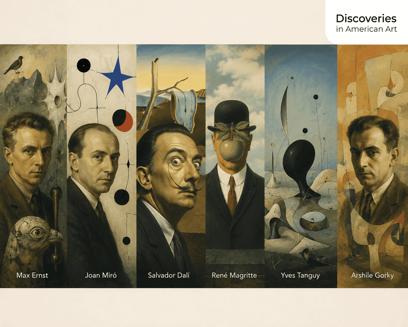 Surrealist art collage featuring influential artists and dreamlike imagery from European and American Surrealism.