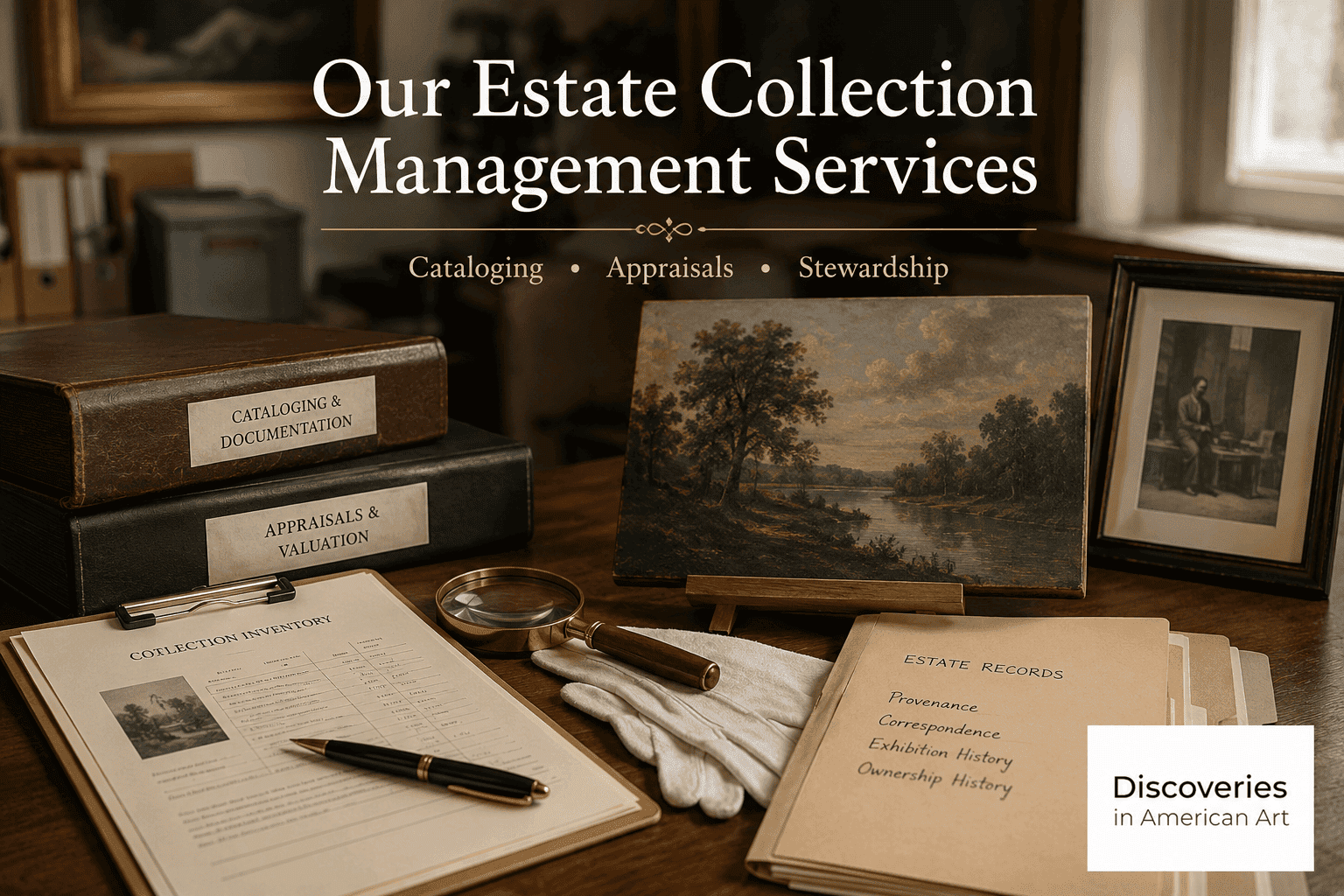 An estate collection management workspace featuring artwork, archival records, cataloging documents, appraisal materials, and the Discoveries in American Art logo An estate collection management workspace featuring artwork, archival records, cataloging documents, appraisal materials, and the Discoveries in American Art logo