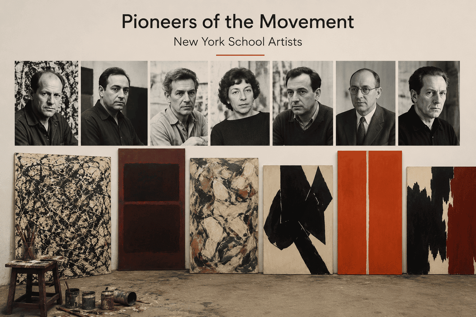 Collage of leading New York School artists with iconic Abstract Expressionist paintings displayed in a studio gallery, representing the pioneers of the movement.