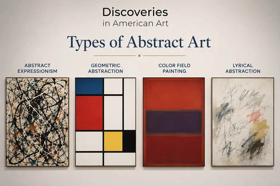 Types of abstract art featuring Abstract Expressionism, Geometric Abstraction, Color Field Painting, and Lyrical Abstraction. 