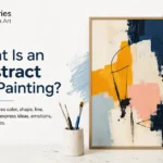 Abstract art painting with expressive colors, shapes, lines, and textures, featuring the Discoveries in American Art logo.