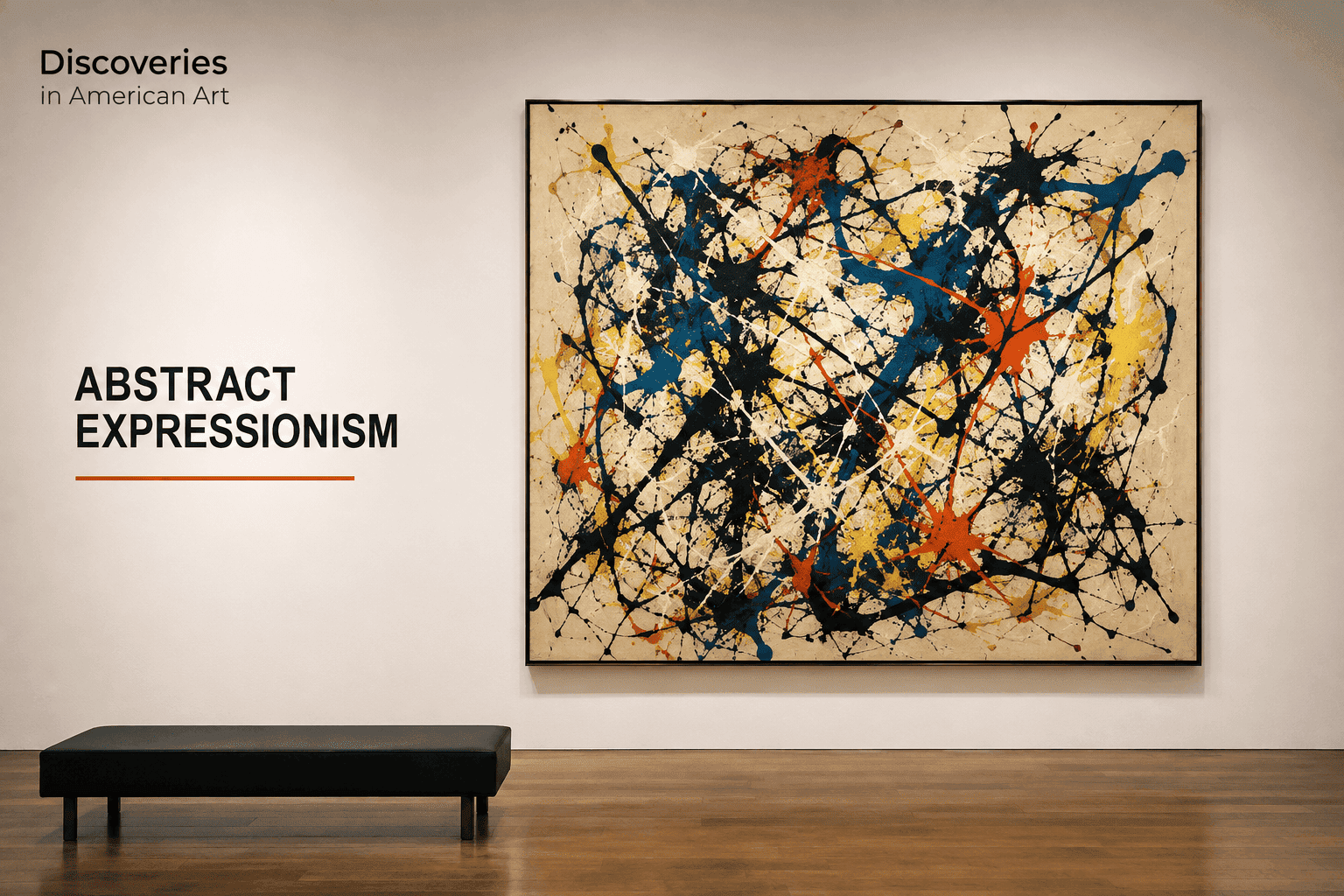 Modern art gallery featuring a colorful abstract expressionist painting, Abstract Expressionism title, and the Discoveries in American Art logo on a clean white wall. 
