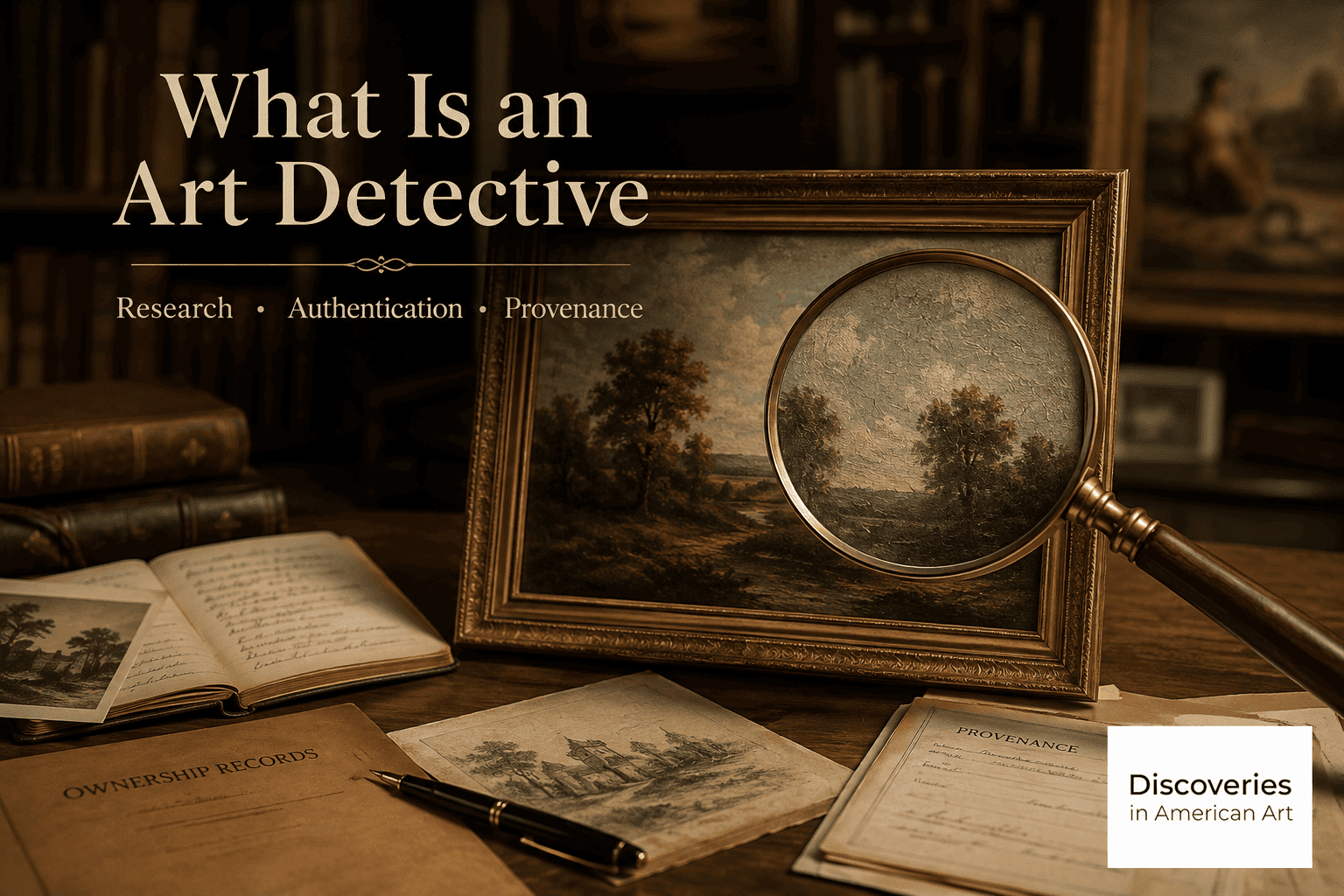 An antique painting examined with a magnifying glass alongside archival documents, symbolizing art authentication and provenance research, with the Discoveries in American Art logo.