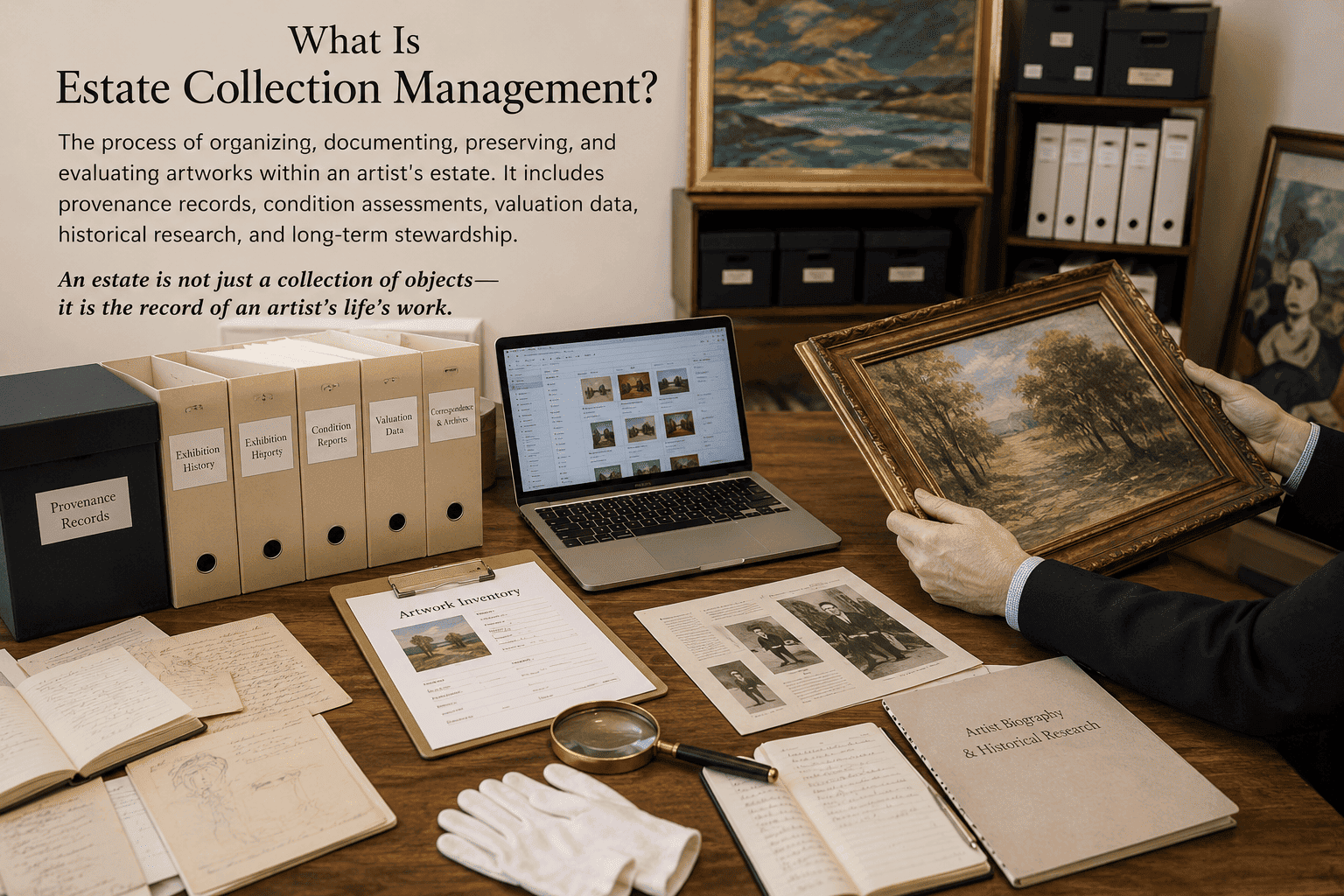 Estate collection management showing artwork inventory, provenance documentation, archival records, and professional art collection management for artist estates. Estate collection management showing artwork inventory, provenance documentation, archival records, and professional art collection management for artist estates.