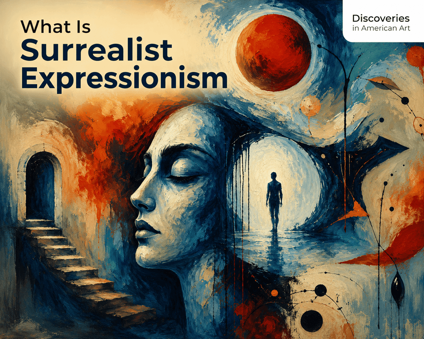 Surrealist Expressionism artwork blending a dreamlike face, abstract shapes, and expressive colors.