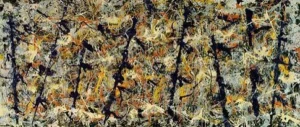 Blue Poles (Number 11, 1952) by Jackson Pollock, an abstract painting featuring blue vertical poles and energetic paint splatters. 