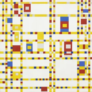 Broadway Boogie Woogie by Piet Mondrian, an abstract geometric painting featuring colorful squares and intersecting lines. 