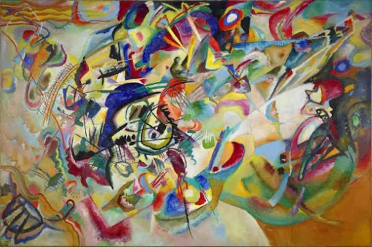 Composition VII by Wassily Kandinsky, an abstract painting featuring vibrant colors and dynamic geometric forms.