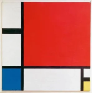 Composition with Red, Blue, and Yellow by Piet Mondrian, an abstract painting featuring geometric blocks and primary colors. 