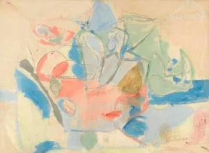 Mountains and Sea by Helen Frankenthaler, an abstract painting featuring soft washes of blue, green, and earthy colors. 