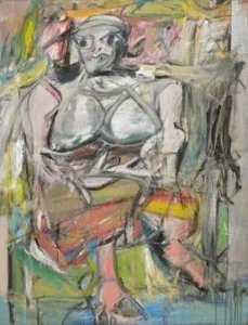 Woman I by Willem de Kooning, an abstract expressionist painting depicting a woman with bold, expressive brushstrokes. 
